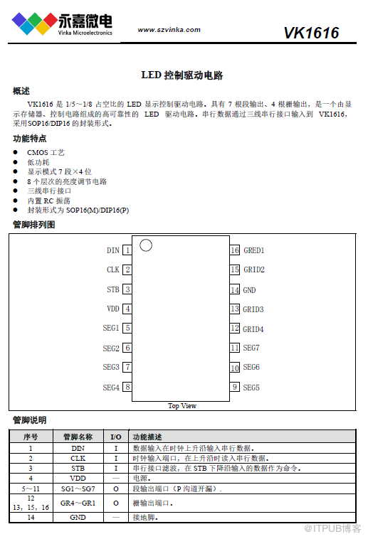 LED驅動晶片（IC）-VK1616  SOP/DIP16，LED數顯/數碼管顯示驅動晶片