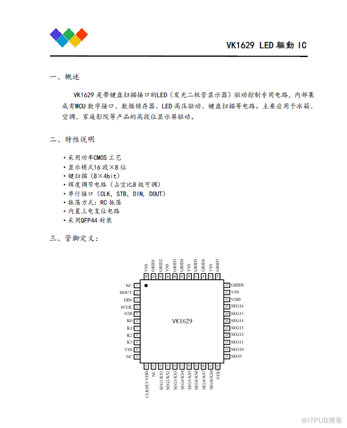 LED驅動IC，數顯驅動控制電路-數碼管顯示驅動晶片-VK1629 LQFP44技術資料